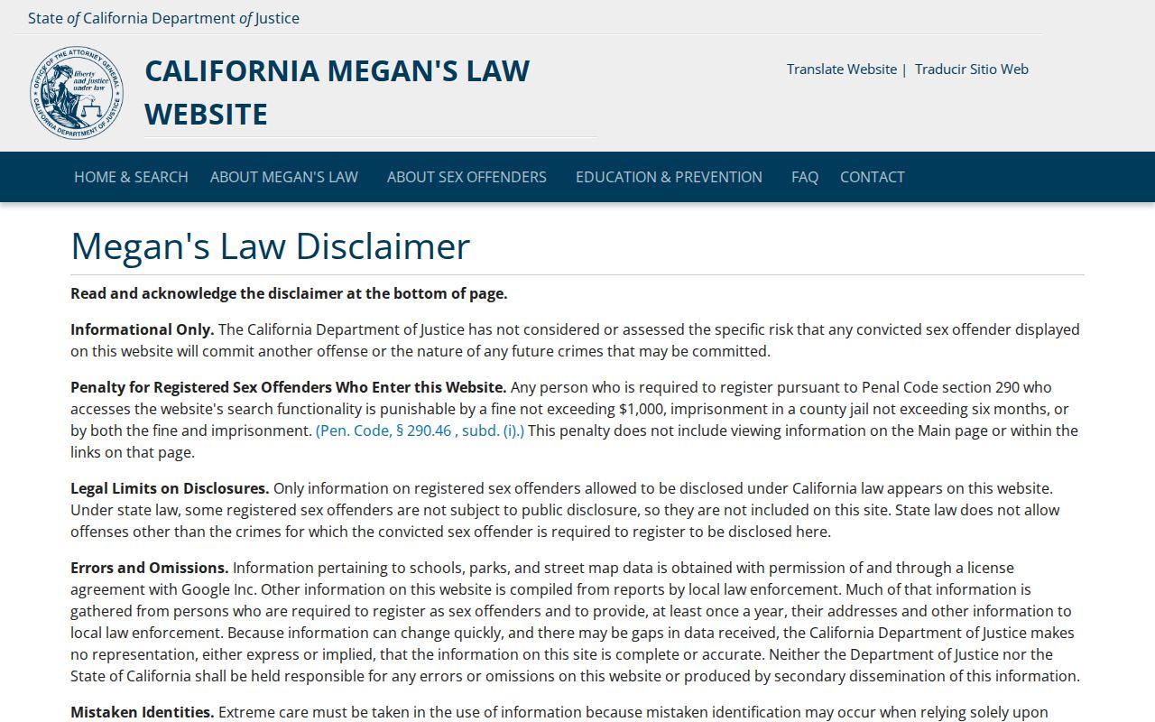 Santa Clara resident lookup view of the California Megan's Law search