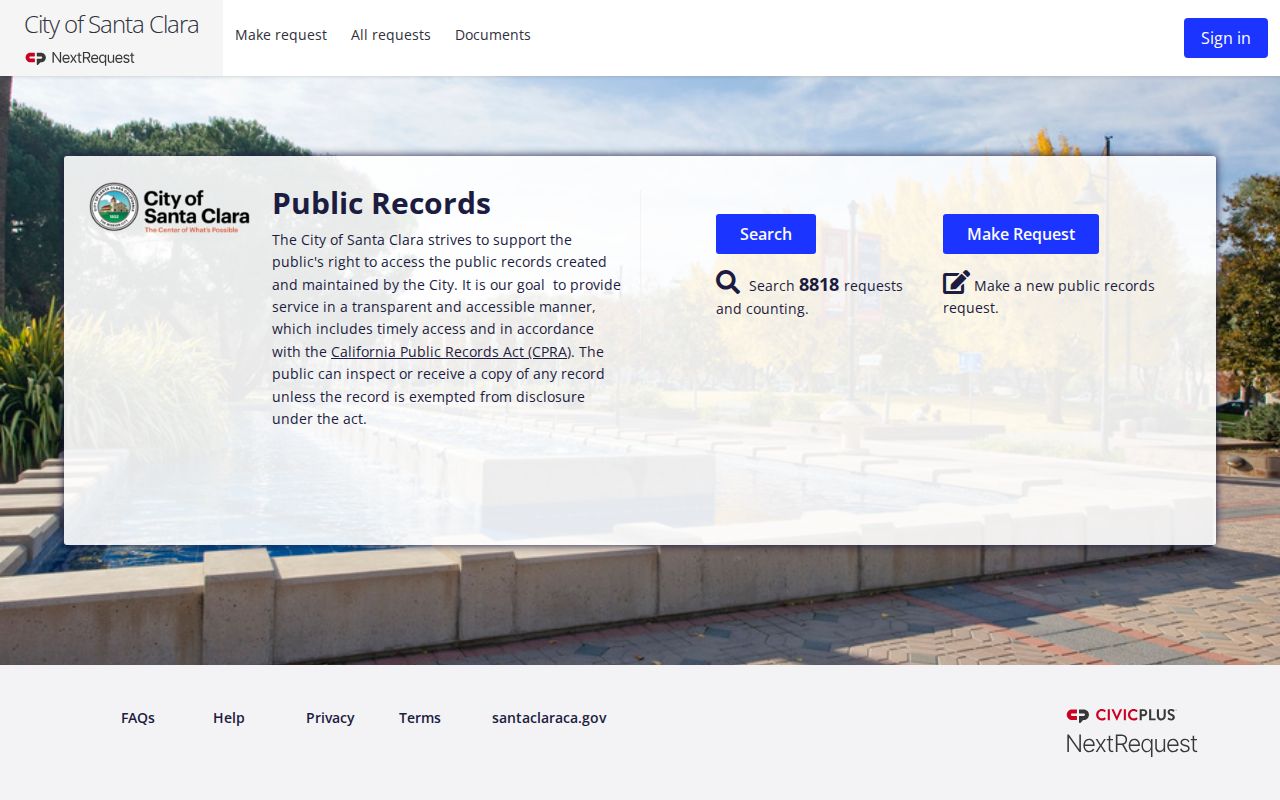 Santa Clara residents directory reference to the city public records request portal