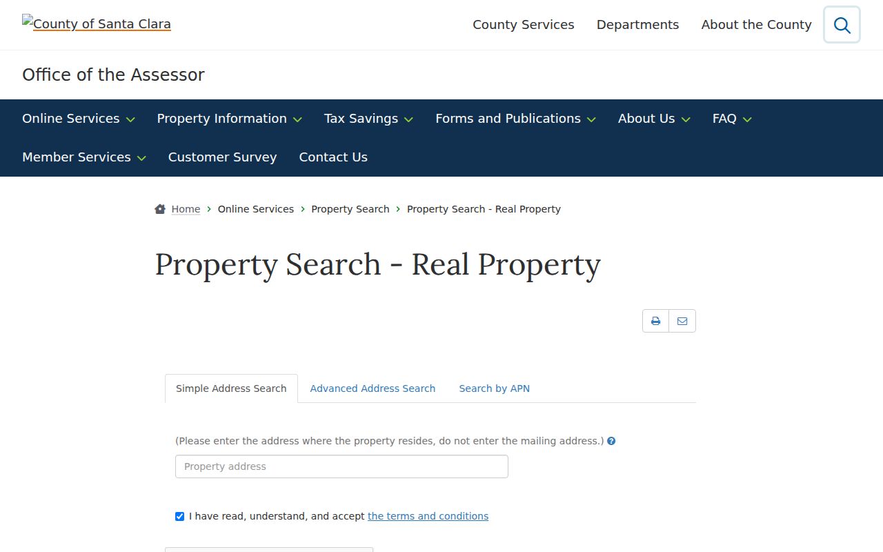 Santa Clara residents directory view of the County Assessor property search