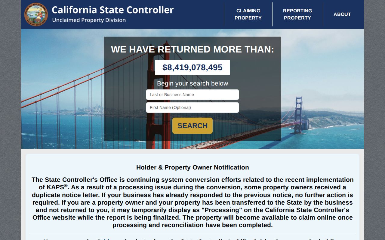 Santa Clara residents directory view of the California unclaimed property search