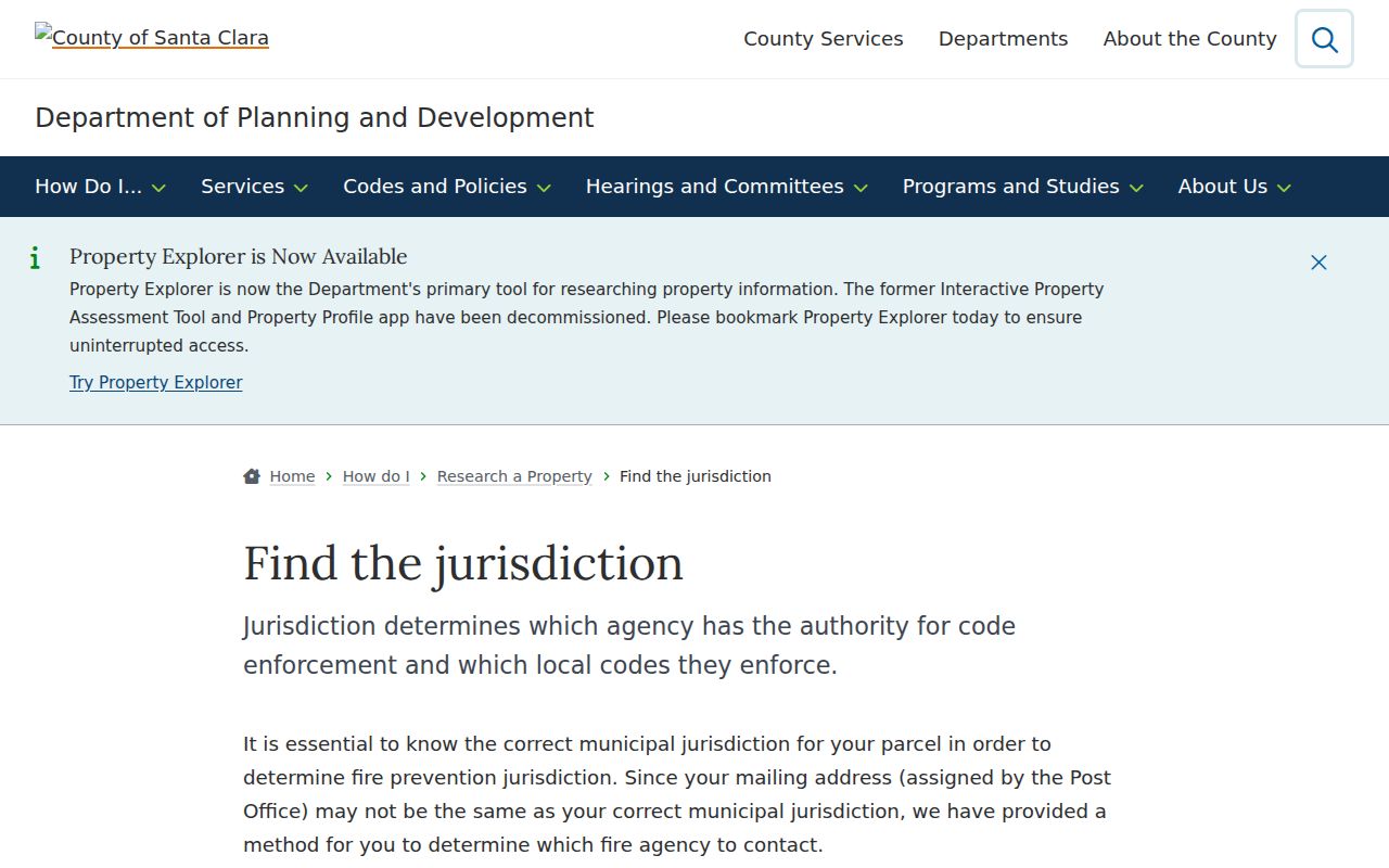 Santa Clara ZIP code directory view of the County property jurisdiction finder